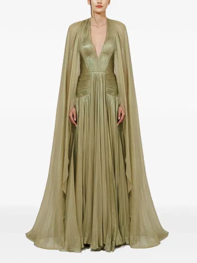 Iris Serban Sonya Pleated Cape Gown In Green