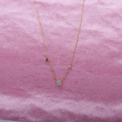 Pre-owned Irisha Designs 0.08ct. Vs Diamond Blue Sapphire-opal Stone Necklace In 14k Gold Fine Jewelry In F-g