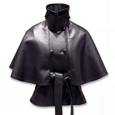 Irmak Su Guclu Women's Black Arno Cape-structured Leather Jacket With High Collar In Purple