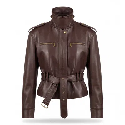 Irmak Su Guclu Women's Brown Yukon Structured Leather Jacket With Belted Waist