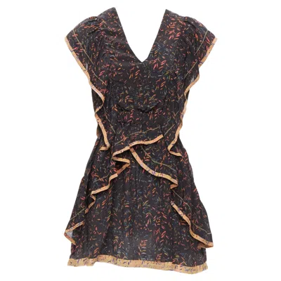 Pre-owned Iro 2018 Jicka 100% Silk Black Coral Orange Floral Ruffle Short Dress Fr34 Xs In Red