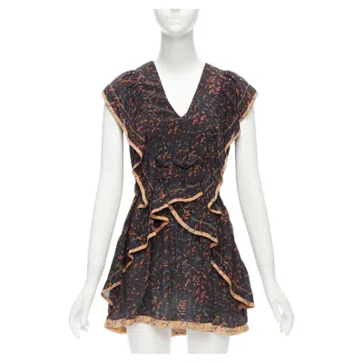 Pre-owned Iro 2018 Jicka 100% Silk Black Coral Orange Floral Ruffle Short Dress Fr34 Xs In Red