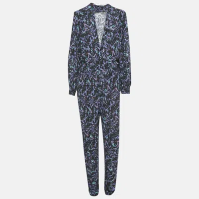 Iro Black Printed Crepe Plunge Neck Jumpsuit Xl In Blue