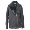 Iro Cidji Fur Collar Biker Jacket In Black Wool In Blue