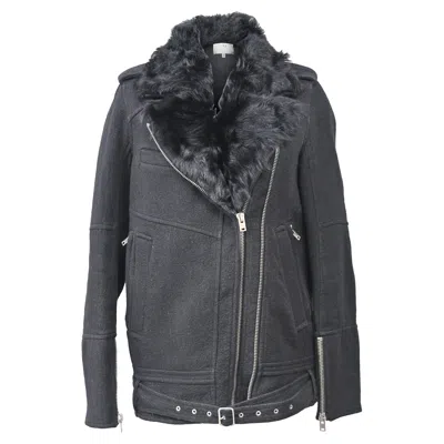 Iro Cidji Fur Collar Biker Jacket In Black Wool In Blue