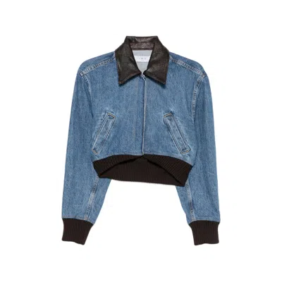Iro Cropped Denim With Leather Collar Jacket In Blue