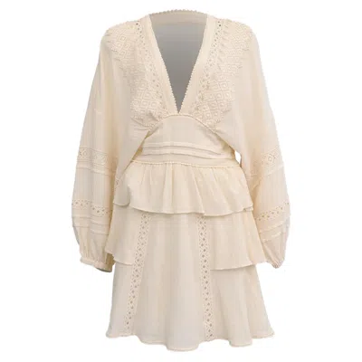 Iro Figons Crochet-trimmed Ruffled Mini Dress In Beige Cotton In Neutral