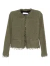 Iro Cotton Jacket With Frayed Edges And Tweed Texture In Green