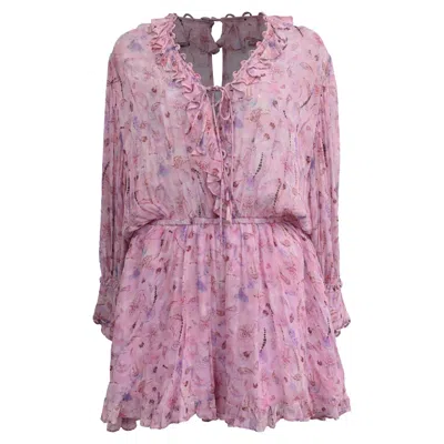 Iro Joyce Floral Print Ruffle Romper In Pink Viscose In Purple