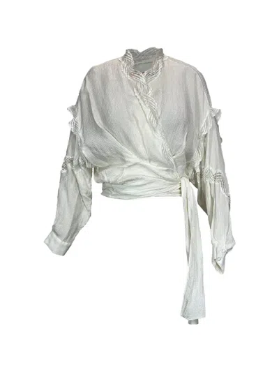 Pre-owned Iro Lace-trimmed Satin Wrap Blouse In White