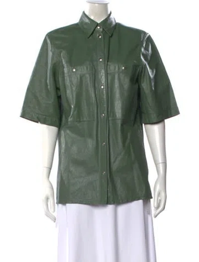 Pre-owned Iro Lamb Leather Short Sleeve Button-up Top In Green