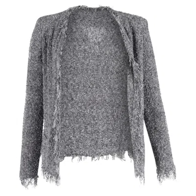 Iro Long Sleeve Open Front Fringe-trim Tweed Jacket In Grey Cotton