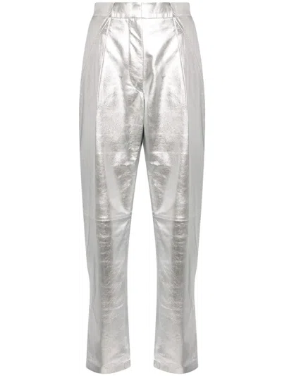 Iro Metallic Leather Tapered Trousers In Silver