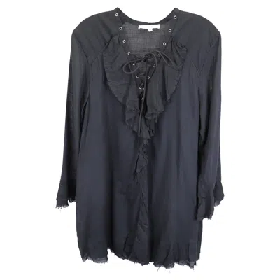 Iro Mini Raw Edge Bell Sleeve V-neck Dress In Black Cotton In Gray