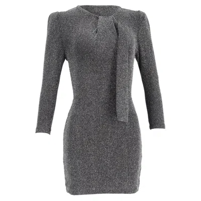 Iro Perk Knitted Mini Tie-neck Long Sleeve Dress In Metallic Silver Nylon In Gray