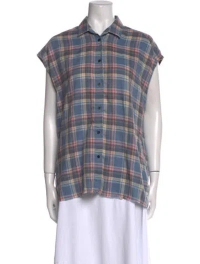 Pre-owned Iro Plaid Print Short Sleeve Button-up Top In Blue