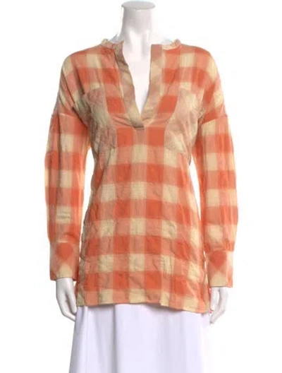 Pre-owned Iro Plaid Print V-neck Tunic W/ Tags In Orange