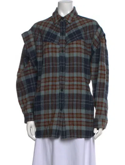 Pre-owned Iro Virgin Wool Plaid Print Button-up Top In Blue