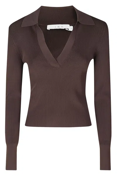 Iro Waves Ribbed Deep V-neck Polo Collar Viscose Top In Brown