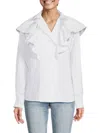Iro Cardon Double-breasted Ruffled Striped Cotton-poplin Shirt In White Blue