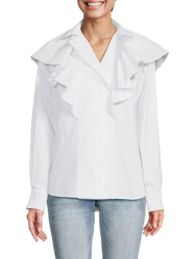 Iro Cardon Double-breasted Ruffled Striped Cotton-poplin Shirt In White Blue