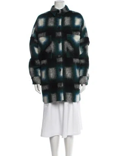 Pre-owned Iro Wool Plaid Print Peacoat In Green