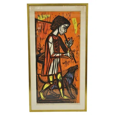 Pre-owned Irving Amen Vintage  "flute Player And Dog" Woodblock Print Judaica Art, Signed In Brown