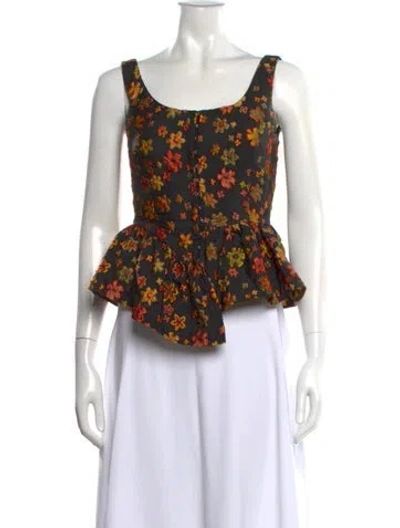Pre-owned Isa Arfen Floral Print Square Neckline Top In Black