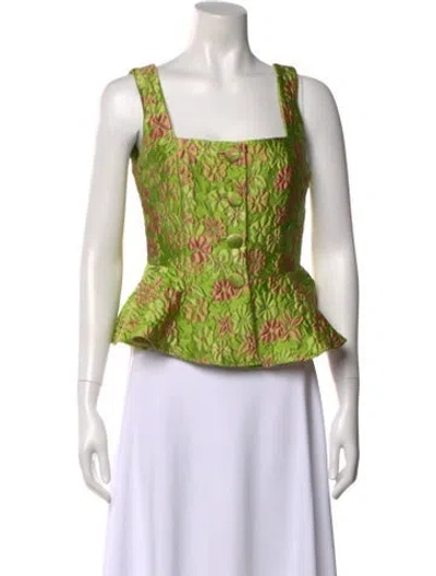 Pre-owned Isa Arfen Floral Print Square Neckline Top In Green