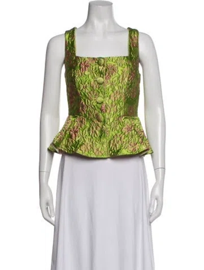 Pre-owned Isa Arfen Floral Print Square Neckline Top In Green