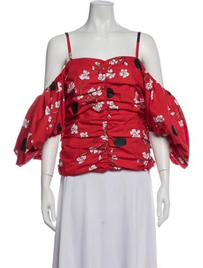 Pre-owned Isa Arfen Floral Print Square Neckline Top In Red