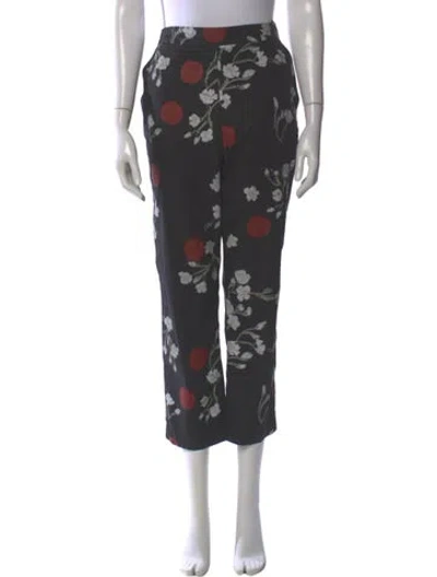Pre-owned Isa Arfen Floral Print Straight Leg Pants In Black