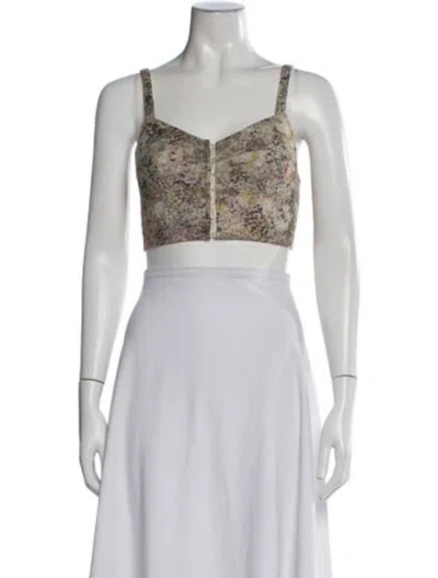 Pre-owned Isa Arfen Linen Floral Print Crop Top In White