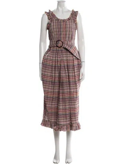 Pre-owned Isa Arfen Plaid Print Midi Length Dress In Red/white