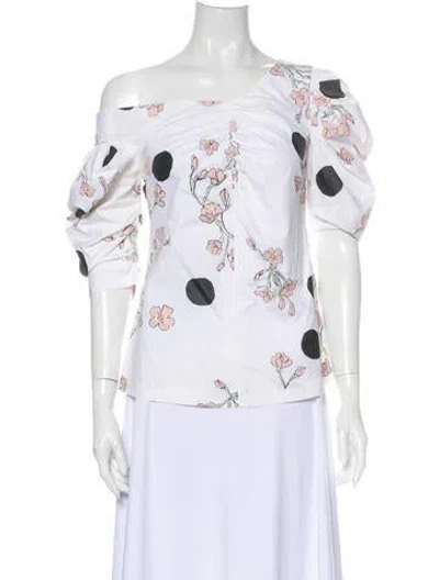 Pre-owned Isa Arfen Printed Off-the-shoulder Blouse In White