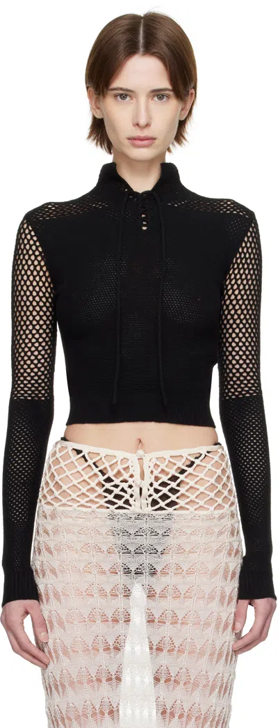 Isa Boulder Black Cropped Lace-up Crocheted Polo In Iron