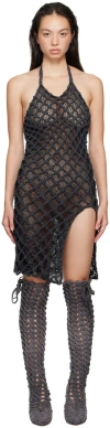 Isa Boulder Black Halter Neck Midi Dress In Charcoal