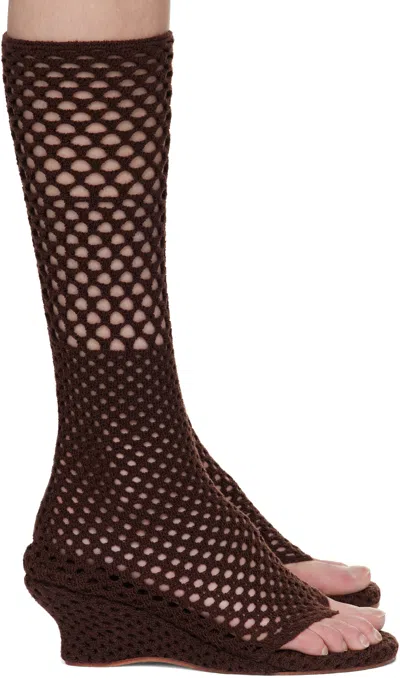 Isa Boulder Brown Short Cable Knitted Heeled Sandals In Coffee