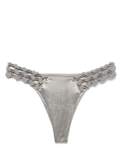 Isa Boulder Floral-macrame Bikini Bottoms In Grey