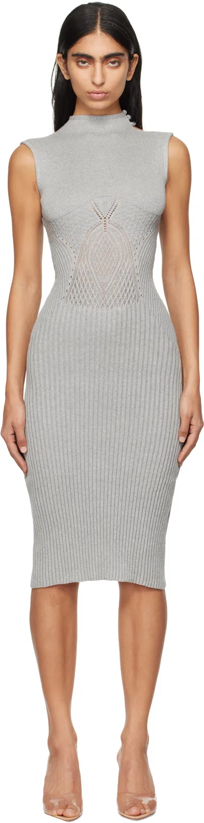 Isa Boulder Gray Raven High-neck Midi Dress In Silver