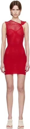 Isa Boulder Red One Pinch Shoulder Crocheted Minidress In Cherry Red