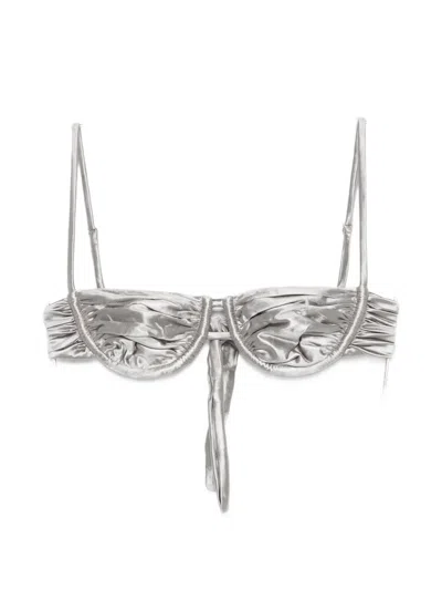 Isa Boulder Ruched Bikini Top In Silver