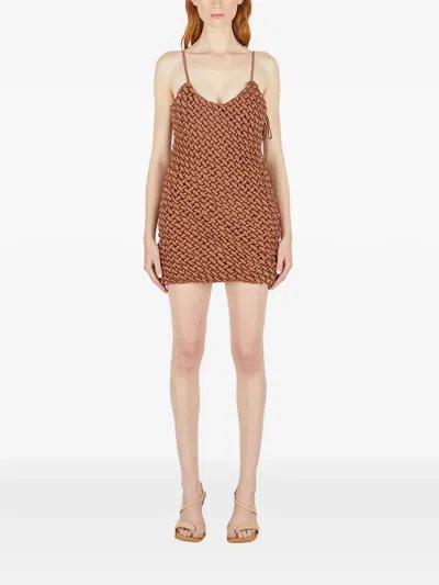 Isa Boulder Woven V-neck Mini Dress In Brown