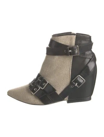 Pre-owned Isa Tapia Leather Plaid Print Moto Boots In Neutral