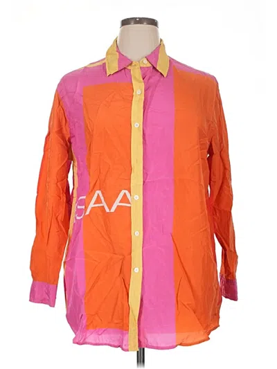 Pre-owned Isaac Mizrahi For Target Long Sleeve Silk Top Orange Color Block Pattern Collared Neckline Tops