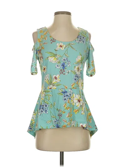Pre-owned Isaac Mizrahi Live Short Sleeve Top Teal Cold Shoulder Neckline Tops In Blue