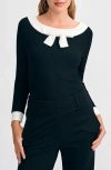 Isaac Mizrahi New York Bow Rib Top In Black/cream