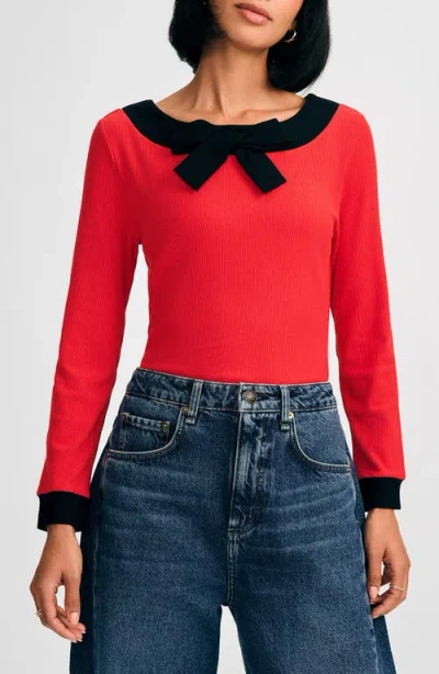 Isaac Mizrahi New York Bow Rib Top In Red/black