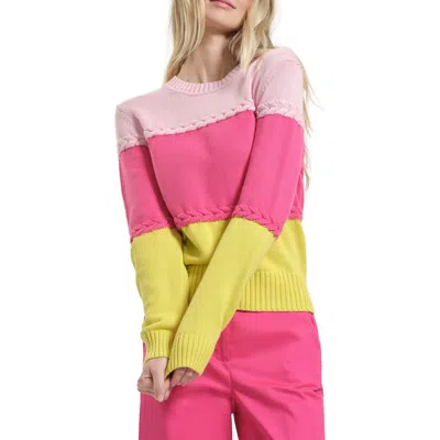 Isaac Mizrahi New York Braid Accent Colorblock Cotton Crewneck Sweater In Multi