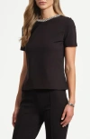 Isaac Mizrahi New York Embellished Jewel Neck T-shirt In Black